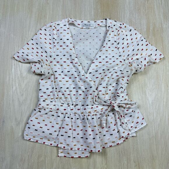Madewell Ivory Clipdot Ruffle Hem Side Tie Wrap Textured Short Sleeve Top Small - Picture 1 of 12